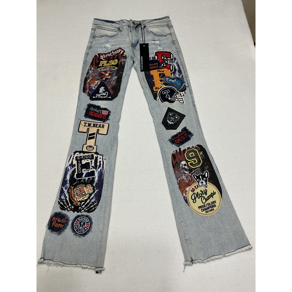 Rockstar Original Boys Espen Patch Jeans Stacked Flare Distressed Light Blue 12